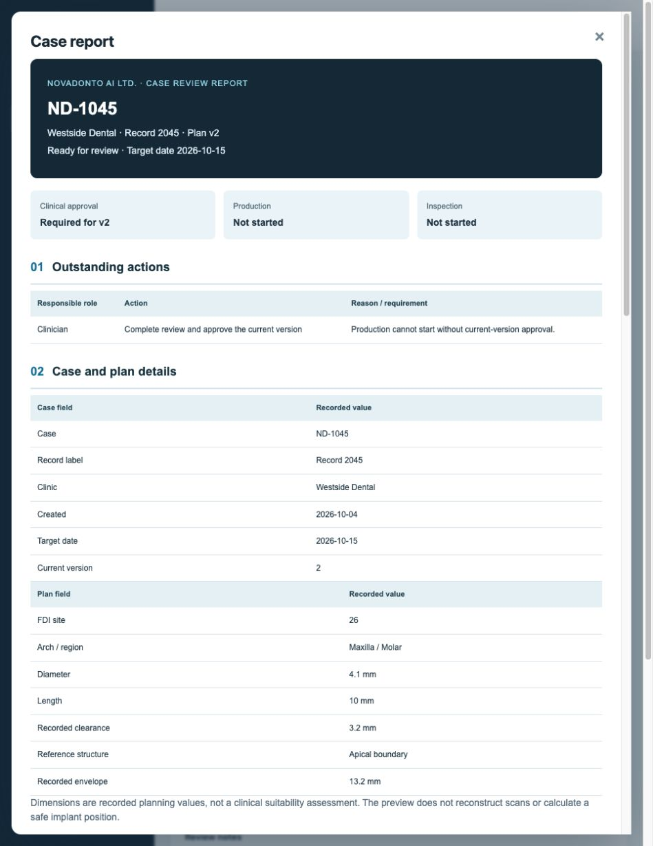 NovaDonto report preview with case and planning details